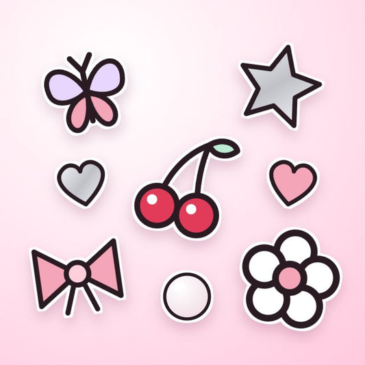 the decoration kit: stars, hearts, a cherry, bows and flowers