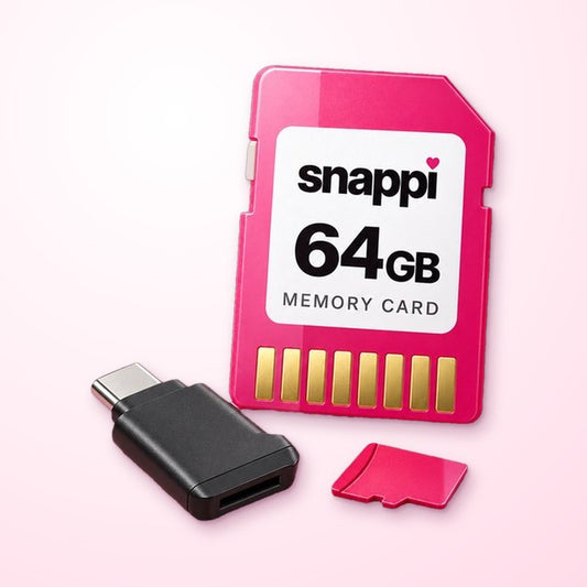 a 64 GB memory card and a USB-C reader