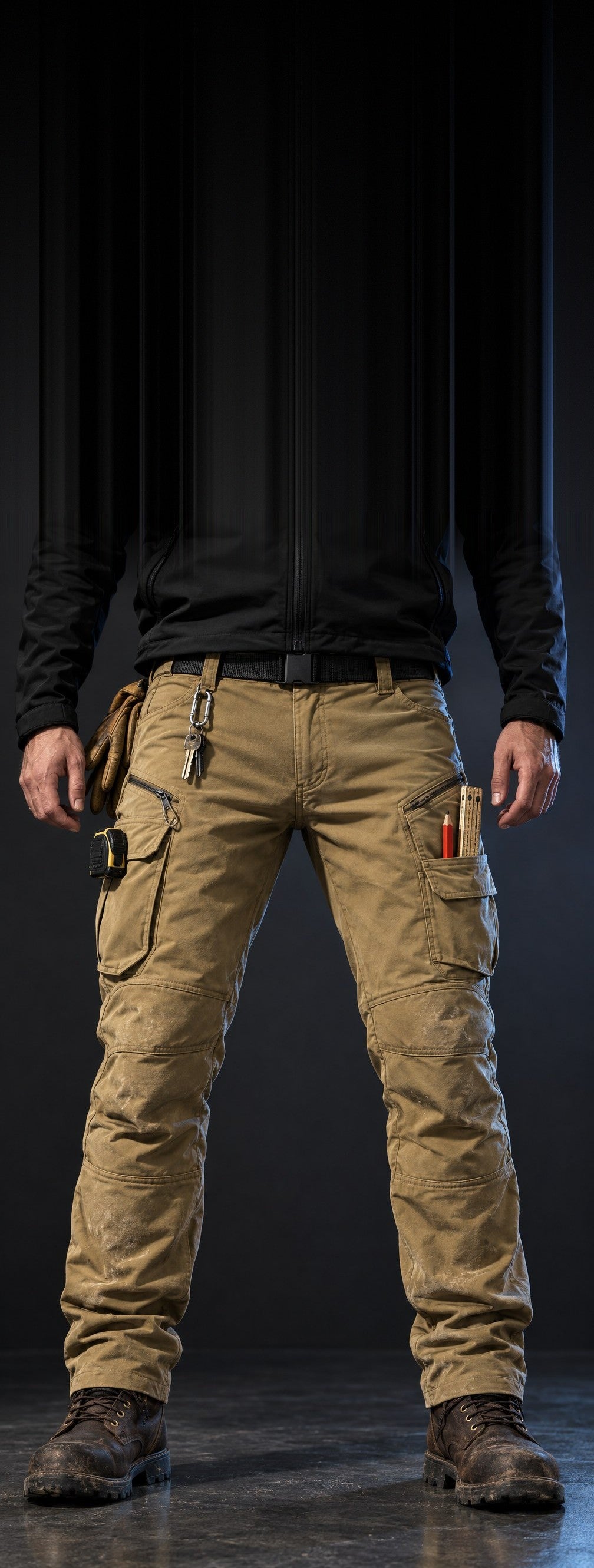 Man in khaki Wolf Ridge work pants, tool-loaded, grey studio